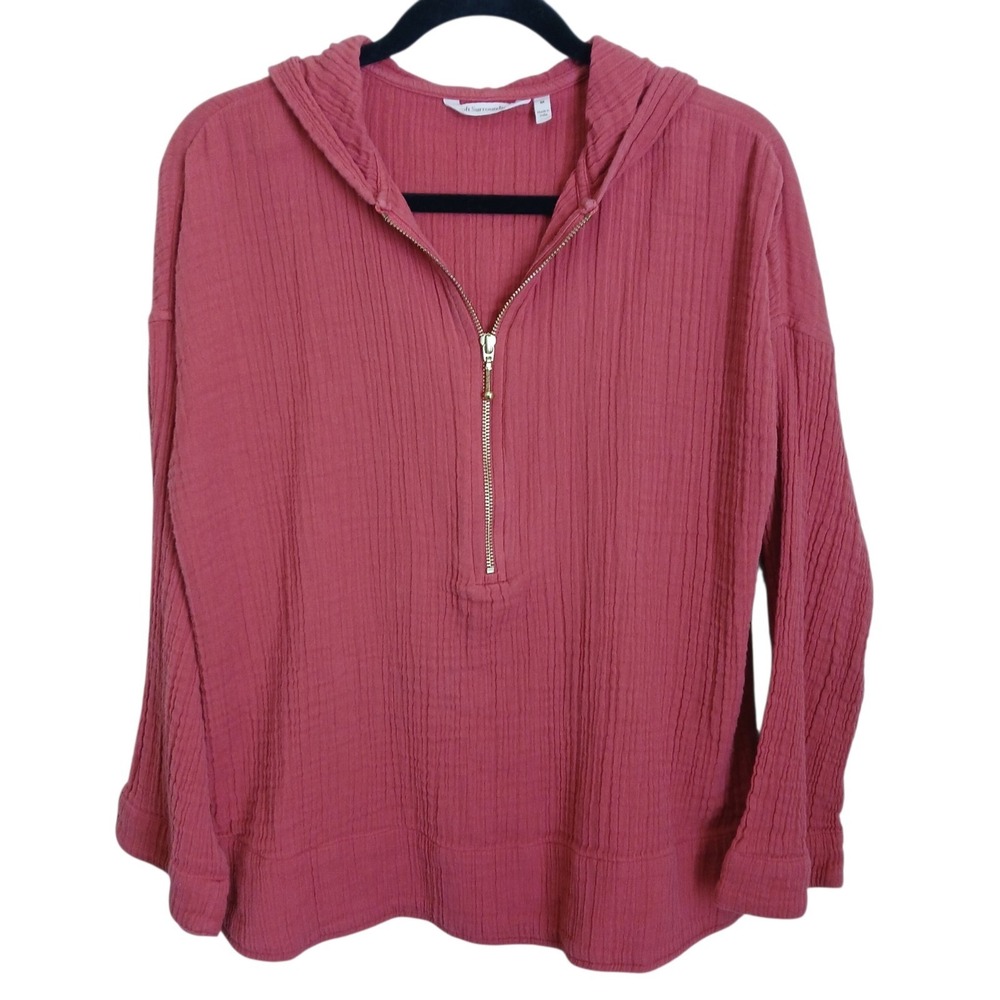 Soft Surroundings Coral 100% Cotton Gauze Half Zip Hoodie Pullover Top Medium